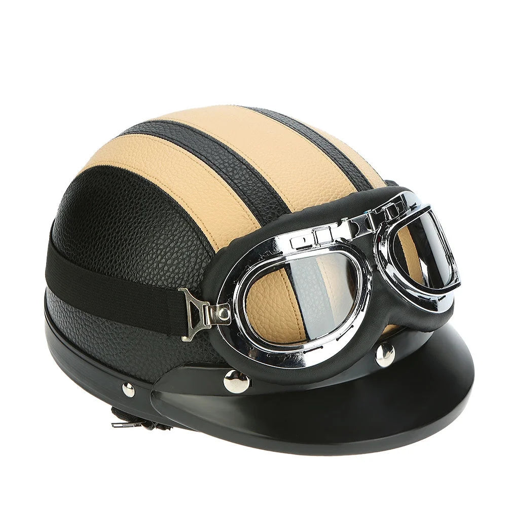 Motorcycle Scooter Open Face Half Leather Helmet with Visor UV Goggles 54-60cm I870998