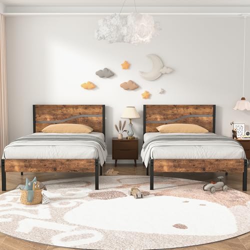Twin Bed Frame with Wood Storage Headboard & Footboard, Metal Platform, Rustic Brown T518