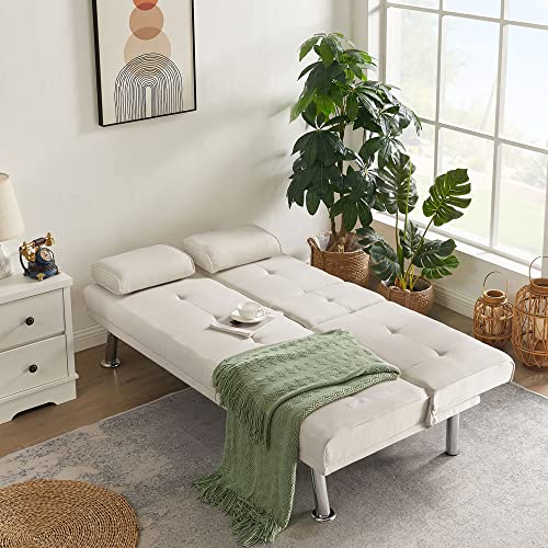Beige PU Leather Convertible Folding Futon Sofa Bed Y450