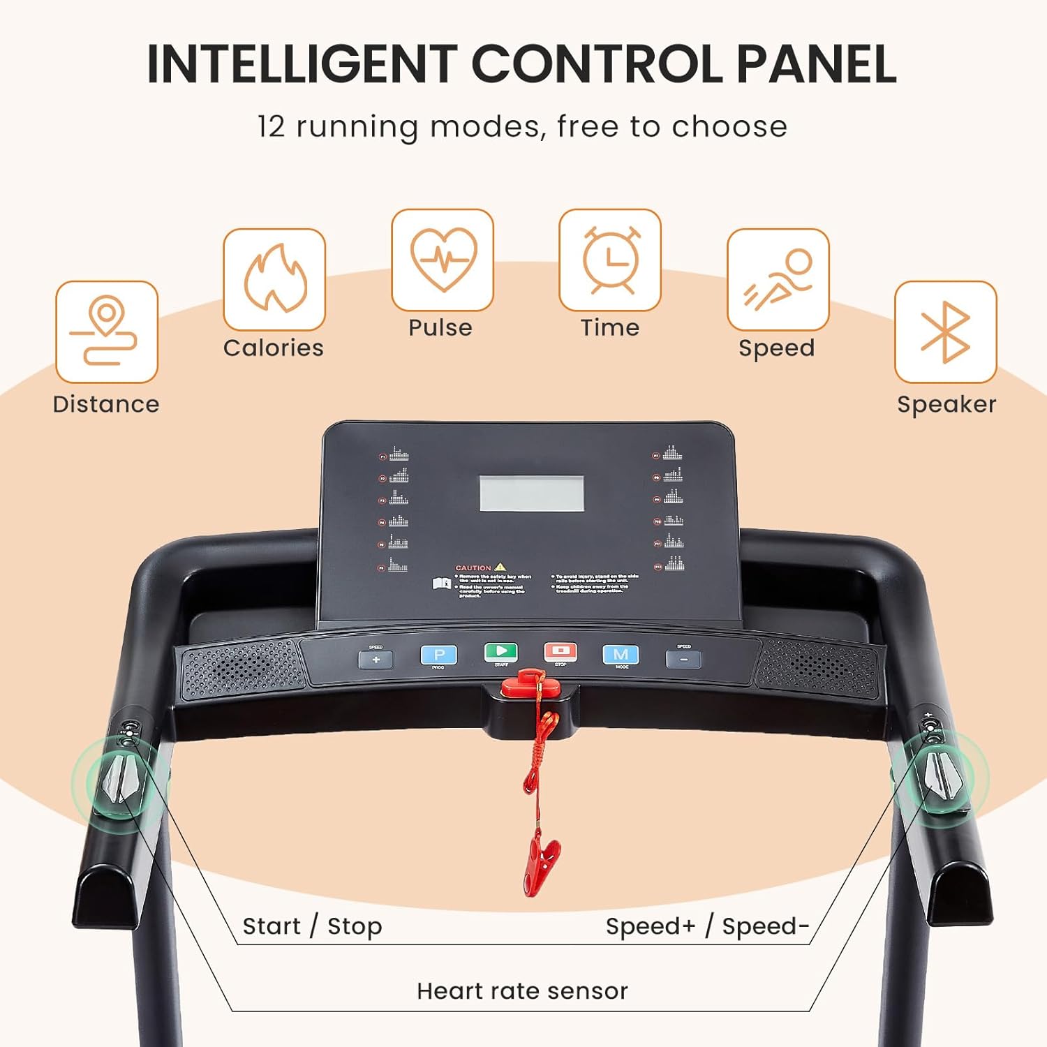 2.5 HP folding treadmill with 3-speed incline adjustment and 12 preset programs P2609