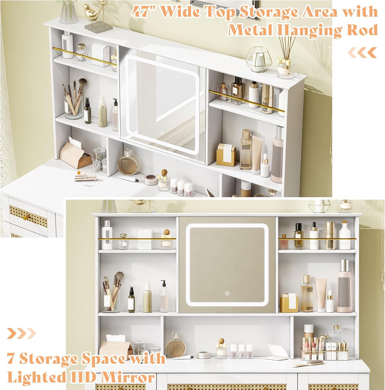 White Rattan Makeup Vanity Desk with Mirror and Lights and Stool L649650