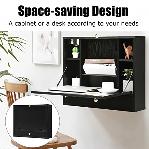 Black Wall Mounted Floating Desk with Drawer & Shelves P60923