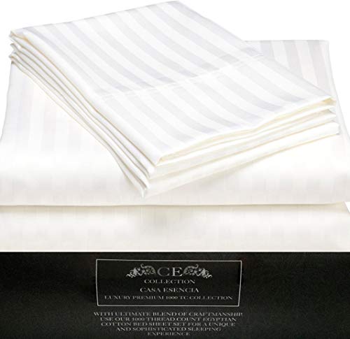 100% Egyptian Cotton King Size 4 Piece Bed Sheet Set White Stripe E535383