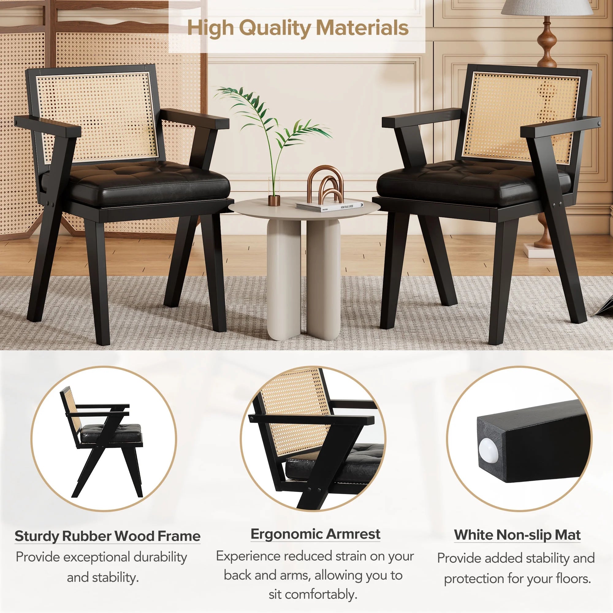 Black Accent Chair with Rattan Backrest and Padded Seat T20822