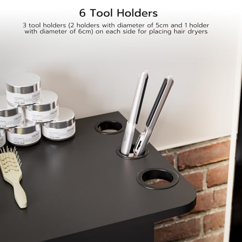 Black Wall Mount Salon Storage Station Barber Cabinet with Drawer and 2 doors, 6 Hair Dryer Holders W4289