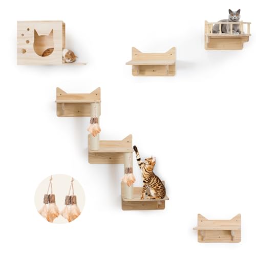 9-Piece Wall-Mounted Cat Shelves Set with 2 Sisal Scratching Posts A24540