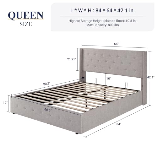 Full Size Lift Up Storage Bed with Wingback Headboard, Light Beige W9658