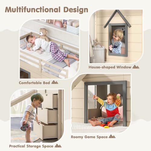 Twin Low Loft Bed with 3 Storage Drawers, Wood Loft Bed with Slide, Ladder, Guardrails E140607
