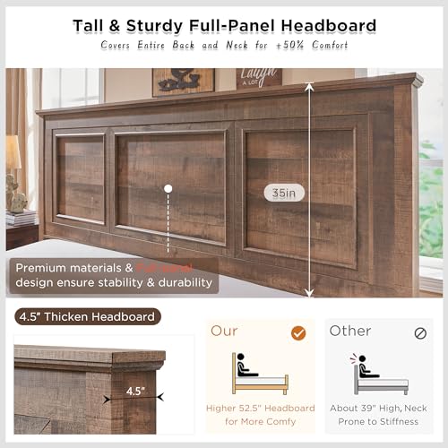 Antique Brown King Size Wood Platform Bed Frame with Headboard and Storage Drawers F960