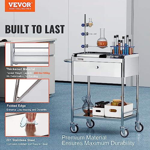Stainless Steel Utility Cart with Wheels, 2 Shelves, 1 Drawer N2046