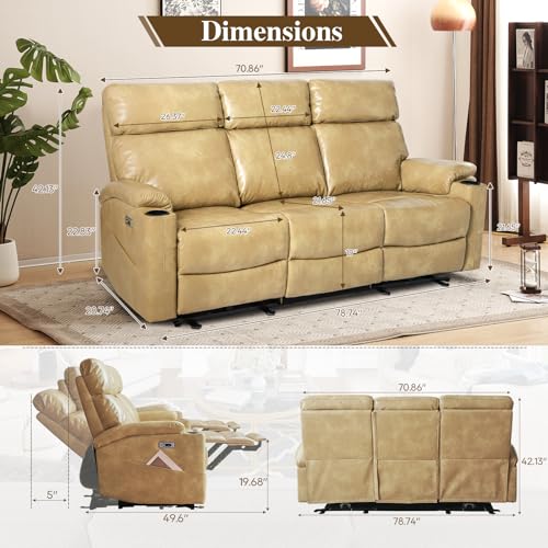 Brown Power Reclining 3-Seat Sofa with USB Ports and Cup Holders L2077