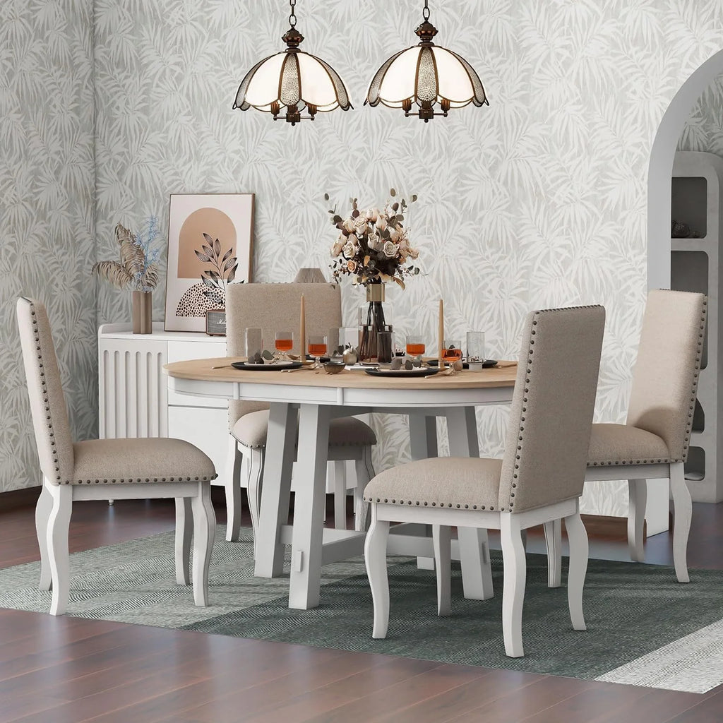 5-Piece Round Dining Table and Upholstered Chair Set with Shelf L2644