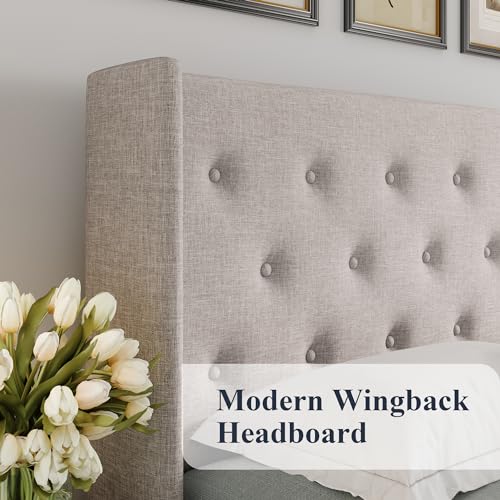 Full Size Lift Up Storage Bed with Wingback Headboard, Light Beige W9658