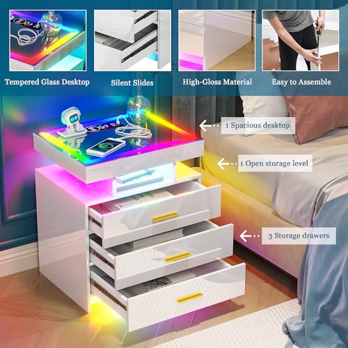 Black LED Nightstand with 3 Drawers and Wireless Charging D589