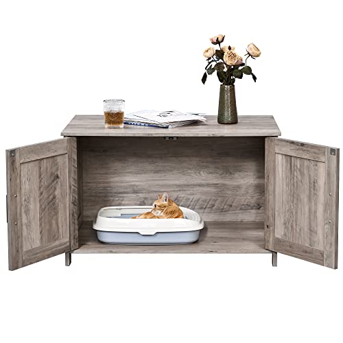 39.4" L Wooden Cat Litter Box Enclosure with Barn Door, Greige T89879