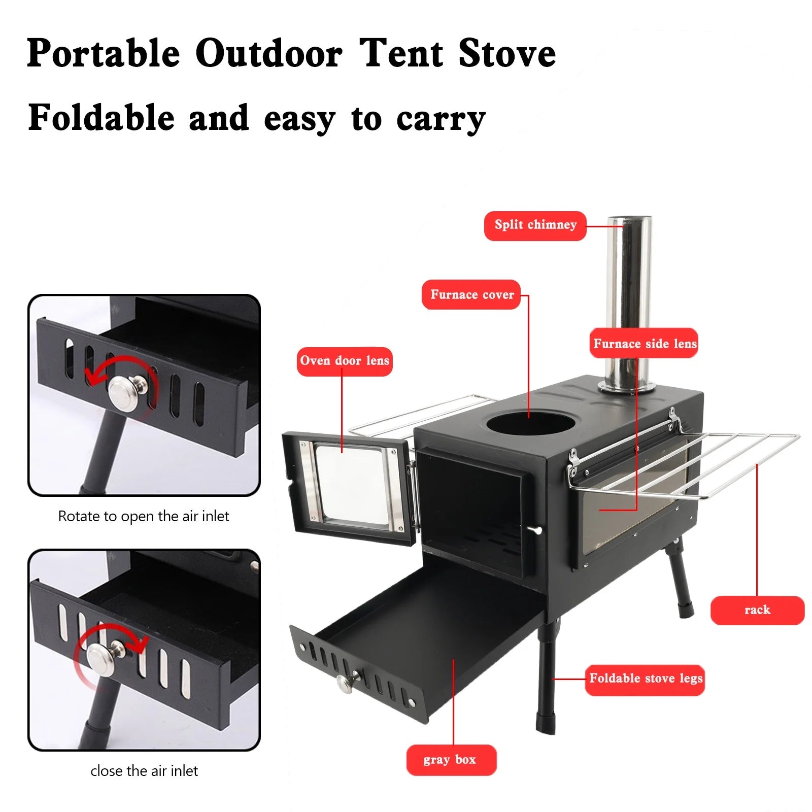 Large Tent Wood Stove with Window and 6 Chimney Pipe L9046