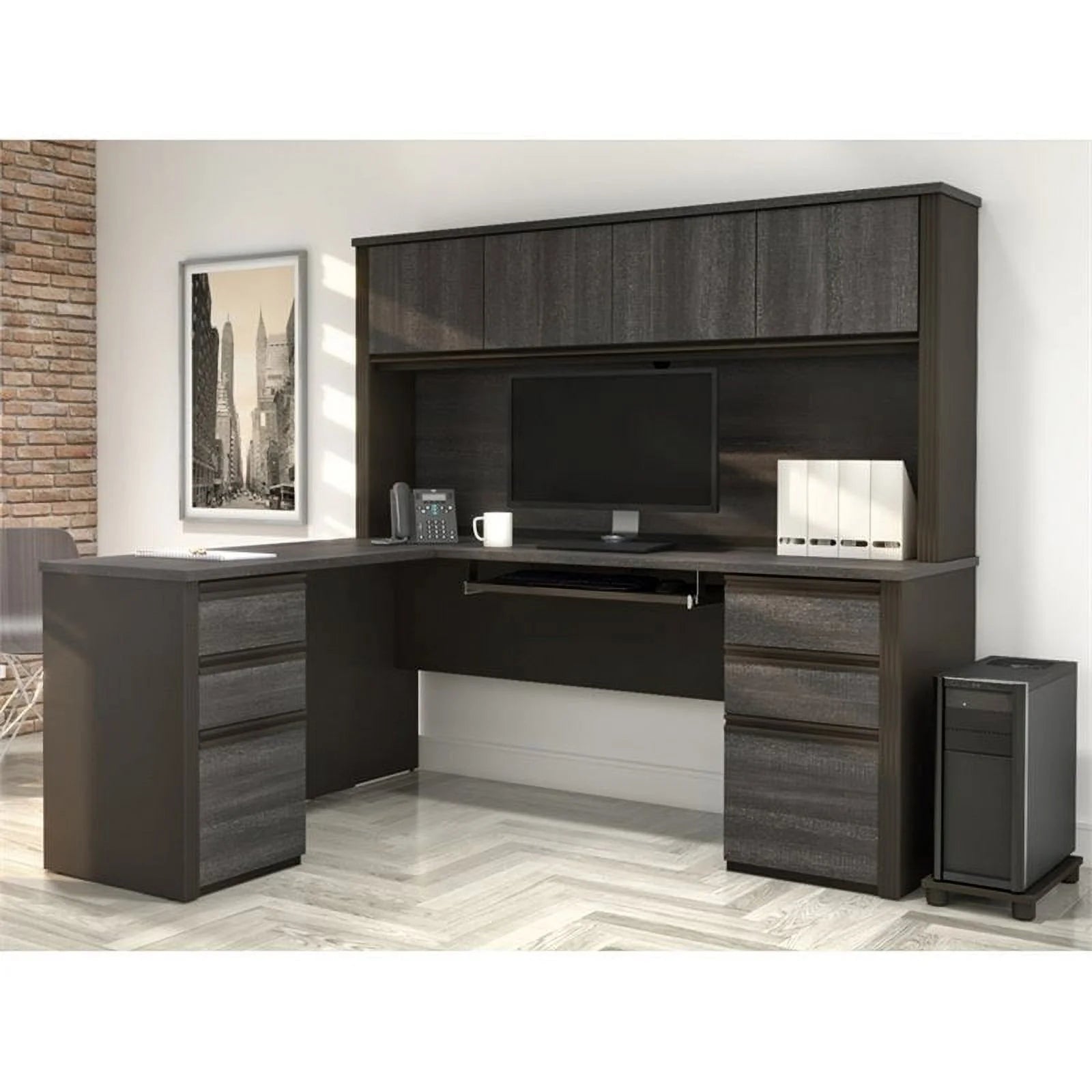 6 Piece Wood L Shaped Computer Desk with Hutch in Bark Gray M5284