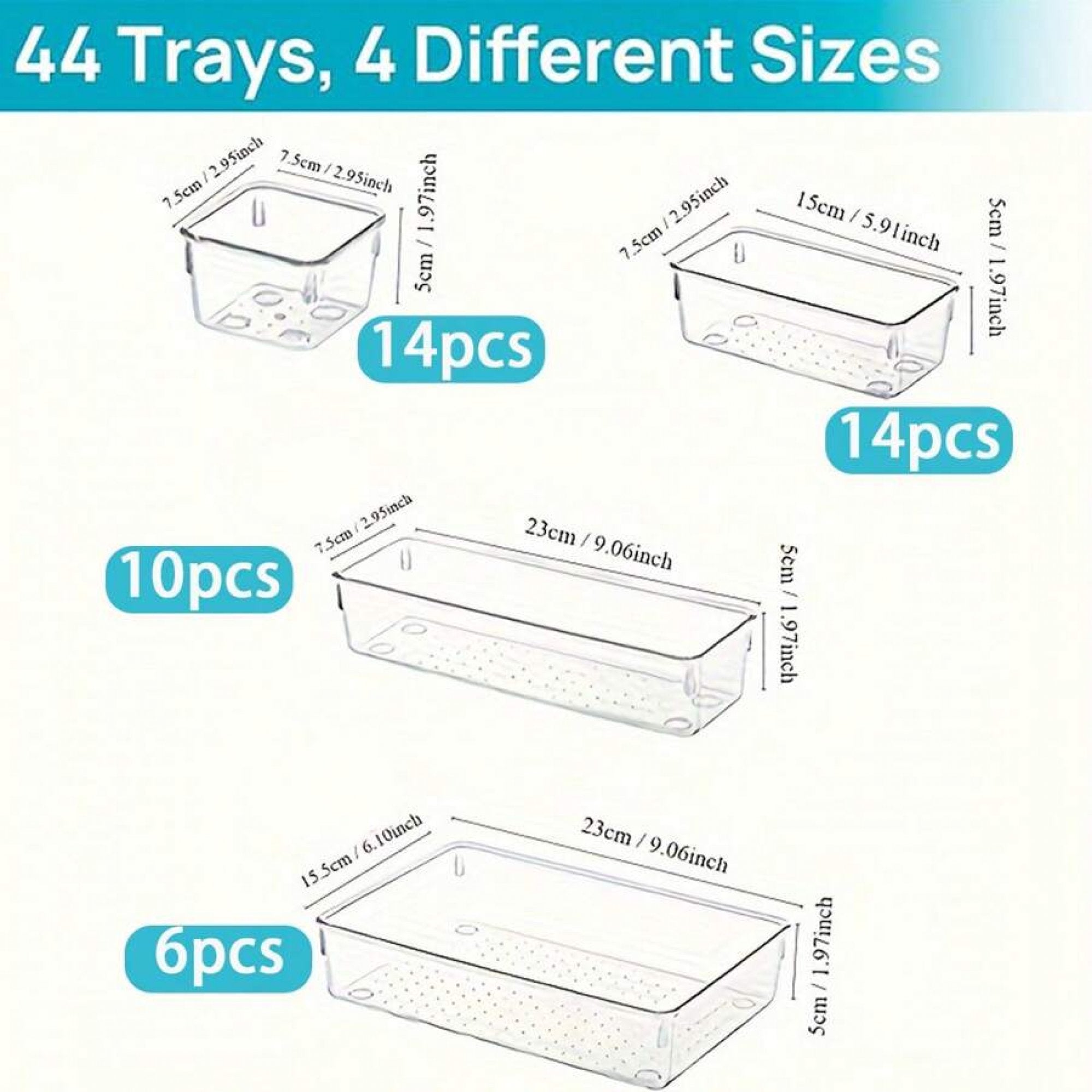 Clear Plastic Drawer Organizers Set, 4-Size Trays Y84555