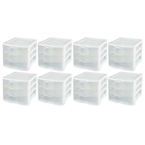 ClearView Compact Stacking 3 Drawer Storage Organizer System, White (8 Pack) I65373