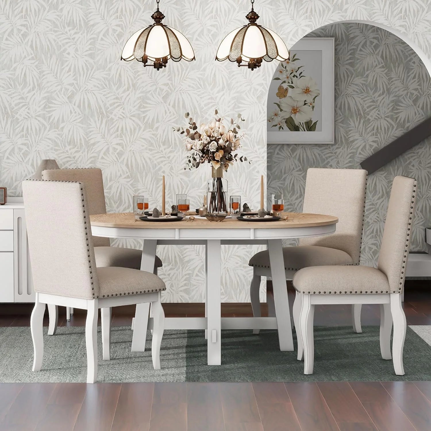 5-Piece Round Dining Table and Upholstered Chair Set with Shelf L2644