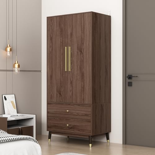 Brown Wooden Wardrobe Armoire with 2 Doors, 2 Drawers, Hanging Rod V70593