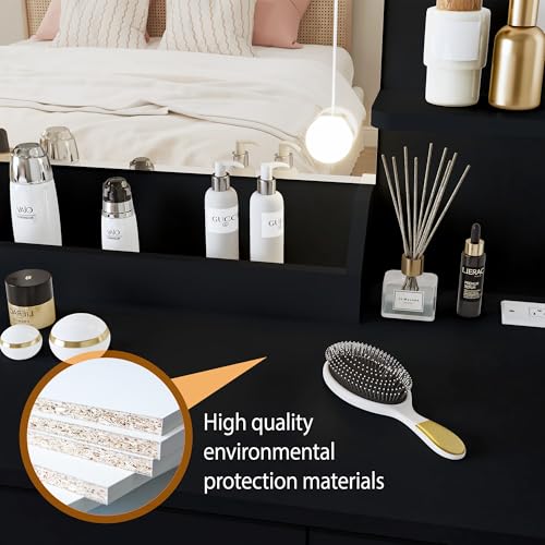 White Vanity Desk with Mirror and Lights Dimmable LED Makeup Table with Drawers Side Cabinet 3 Storage Shelves Power Outlet Dressing Table Set Include Holder Cushioned Stool V26944