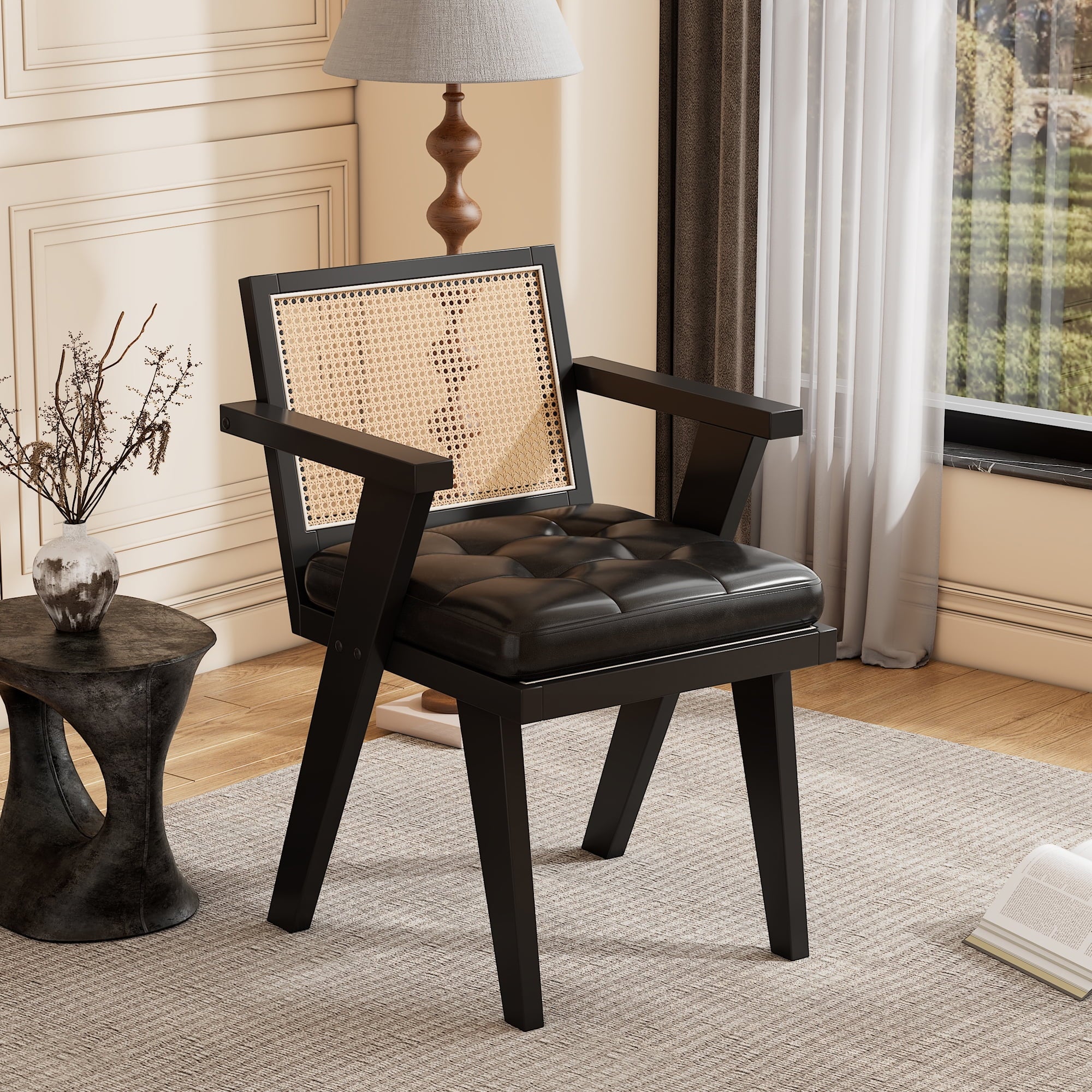 Black Accent Chair with Rattan Backrest and Padded Seat T20822