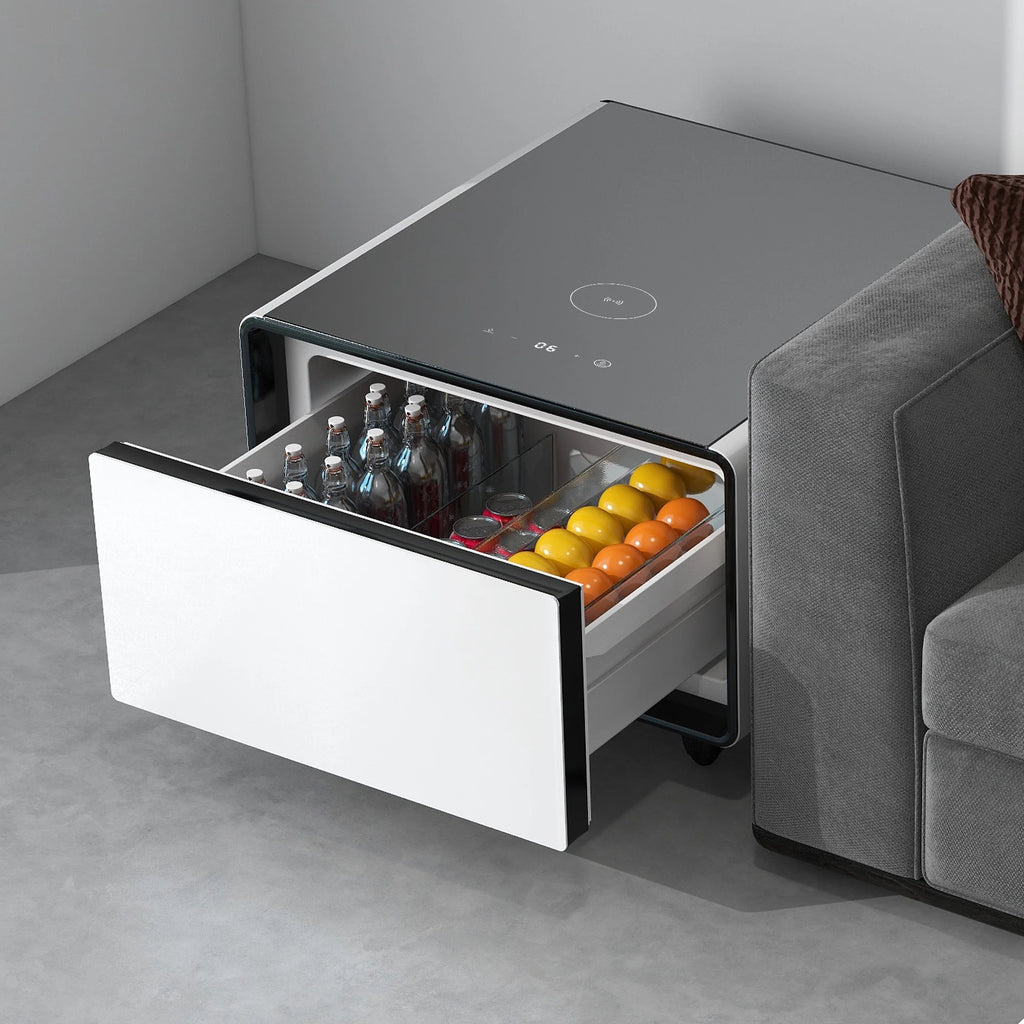 White Smart Side Table with Built in Fridge and Storage Drawer W205