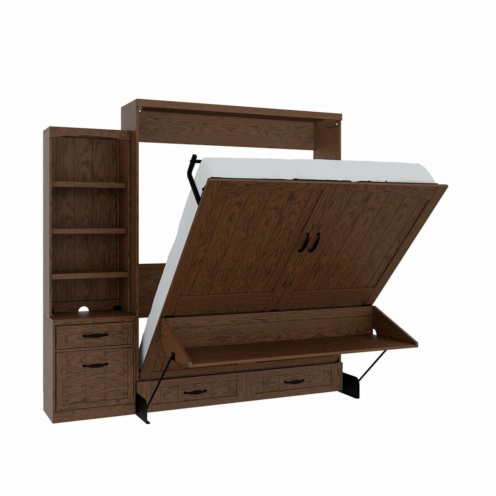 Brown Wood Queen Murphy Wall Desk Bed with Shelf Storage Y315