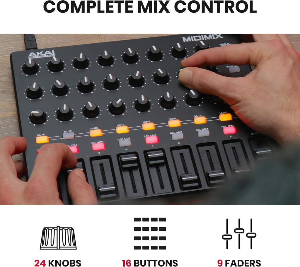 USB MIDI Controller Mixer with Assignable Faders, 24 Knobs, 16 Buttons V375951