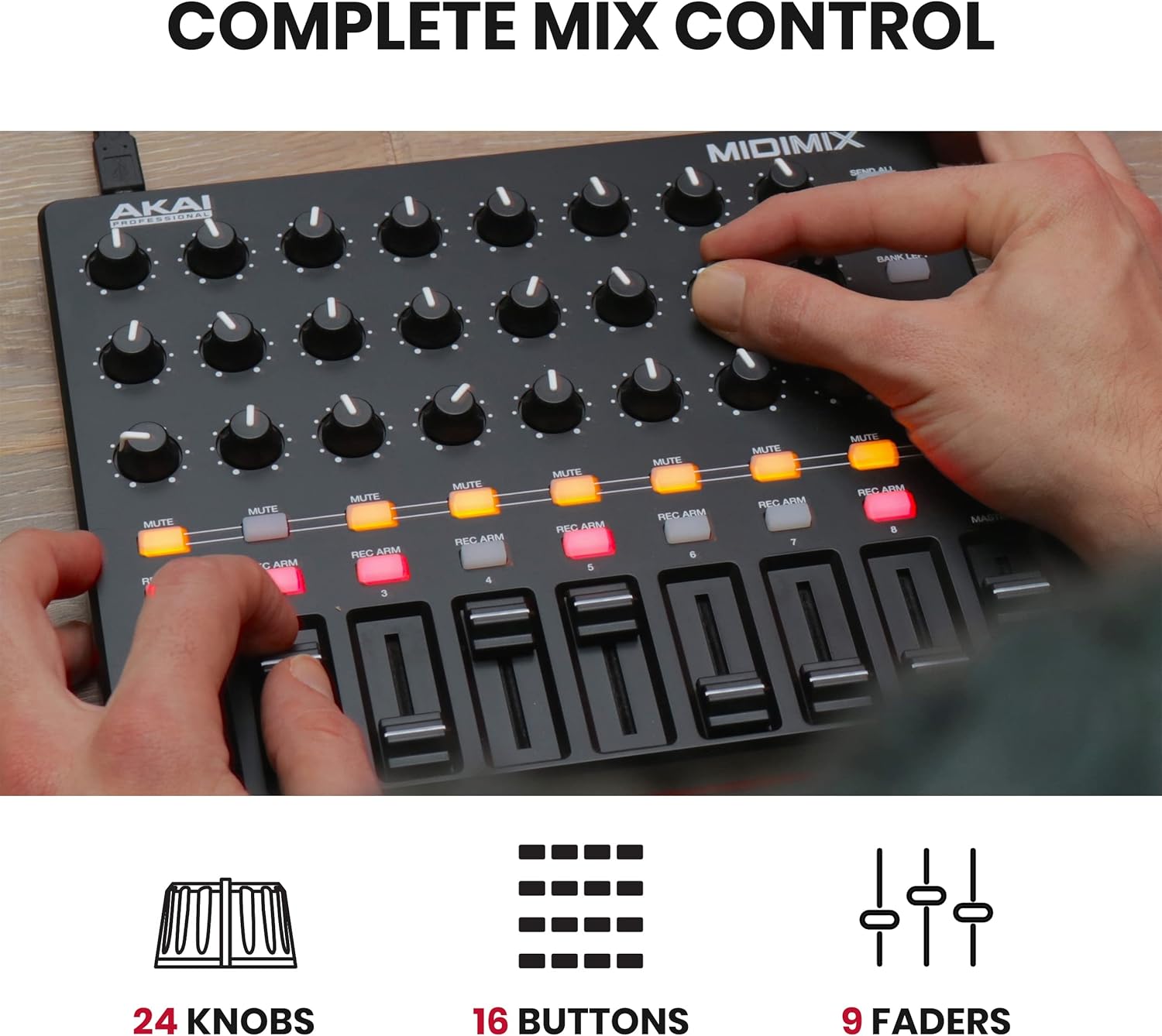 USB MIDI Controller Mixer with Assignable Faders, 24 Knobs, 16 Buttons V375951