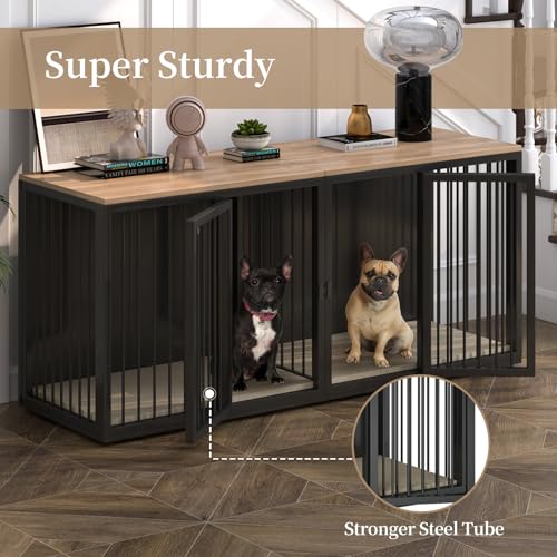 71.6'' All Steel Frame Double Door Dog Crate with Wooden Top H37828