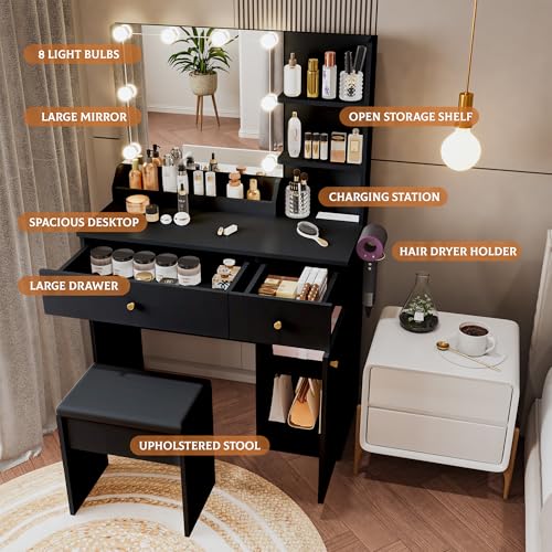 White Vanity Desk with Mirror and Lights Dimmable LED Makeup Table with Drawers Side Cabinet 3 Storage Shelves Power Outlet Dressing Table Set Include Holder Cushioned Stool V26944