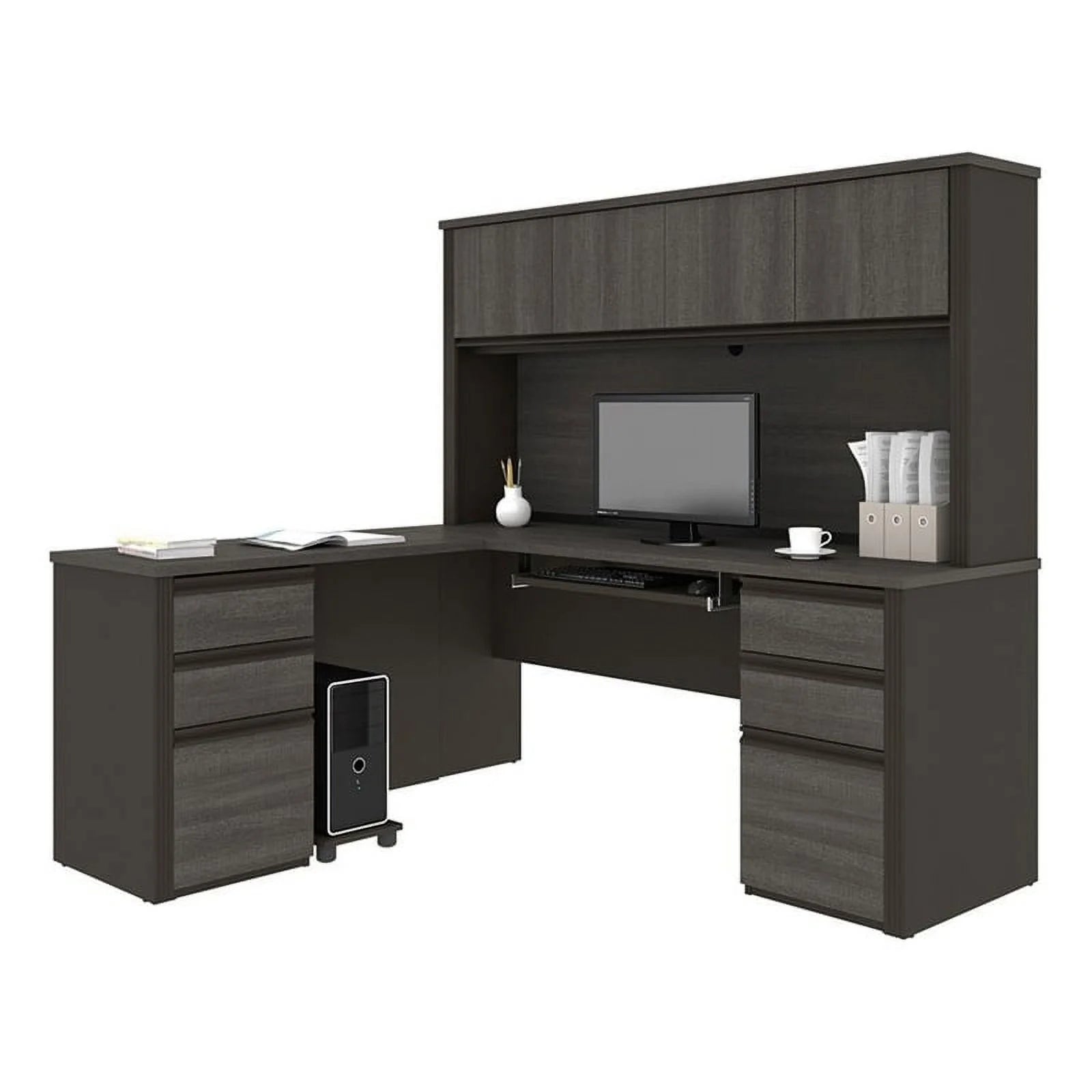 6 Piece Wood L Shaped Computer Desk with Hutch in Bark Gray M5284