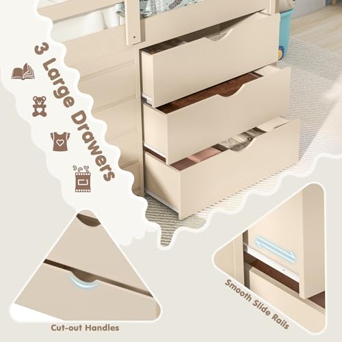 Twin Low Loft Bed with 3 Storage Drawers, Wood Loft Bed with Slide, Ladder, Guardrails E140607