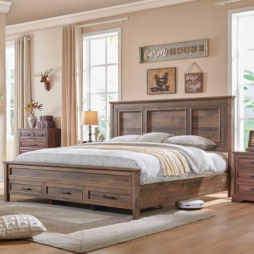 Antique Brown King Size Wood Platform Bed Frame with Headboard and Storage Drawers F960