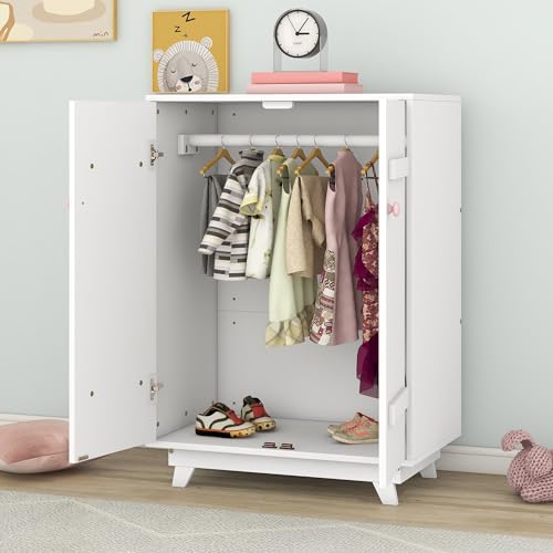 White Wooden Wardrobe Cabinet with Hanging Rod and Doors N31139