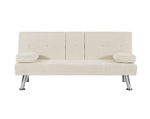 Beige PU Leather Convertible Folding Futon Sofa Bed Y450