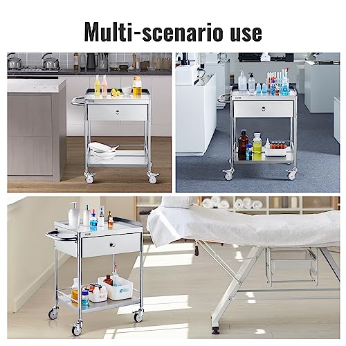 Stainless Steel Utility Cart with Wheels, 2 Shelves, 1 Drawer N2046