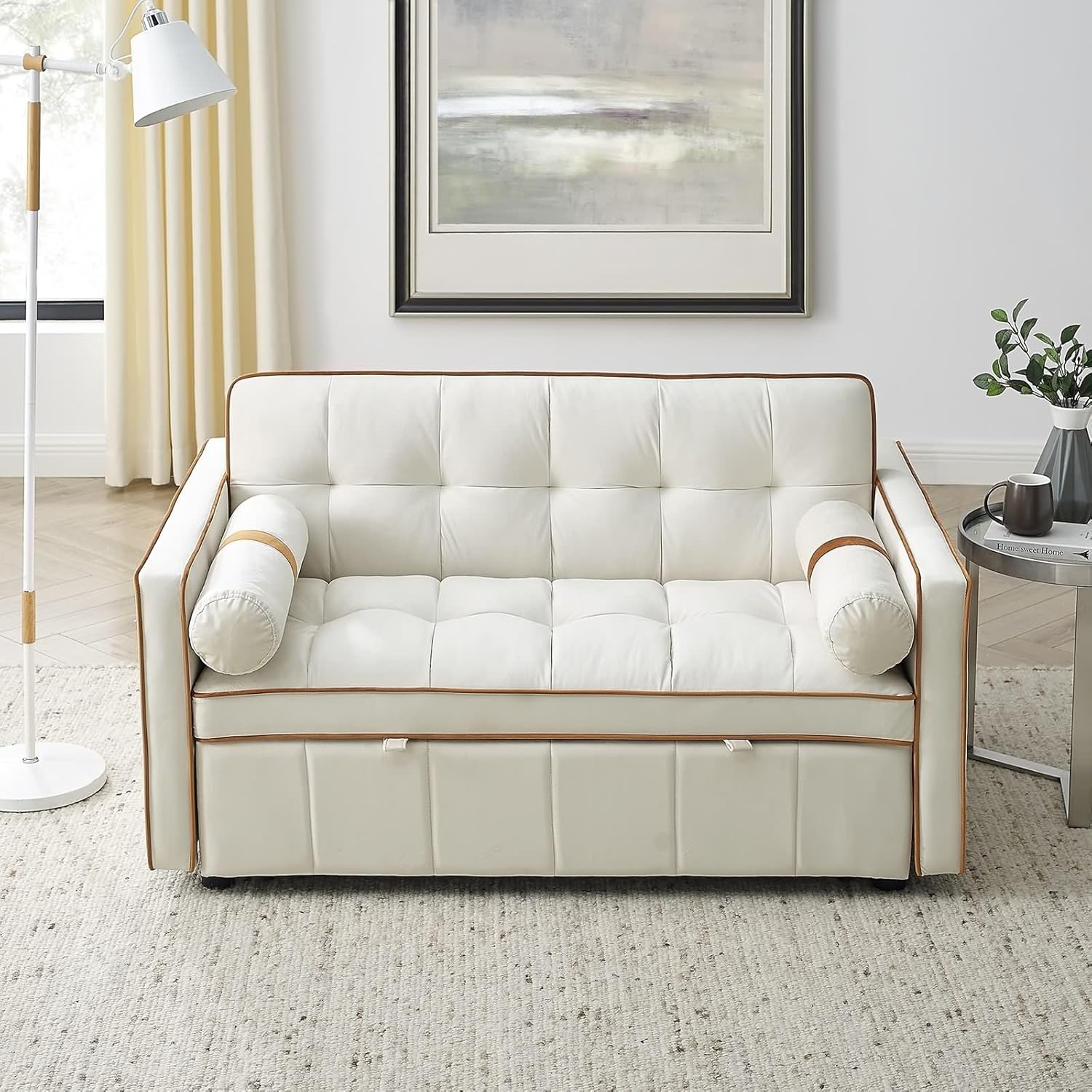 Beige 2 Seater Sleep Sofa Bed with Side Pockets E5151