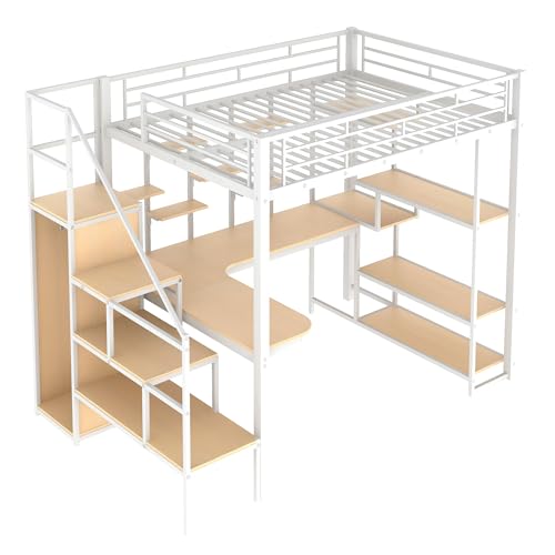 Black Full Size Metal Loft Bed with Storage Staircase and Wardrobe B788211