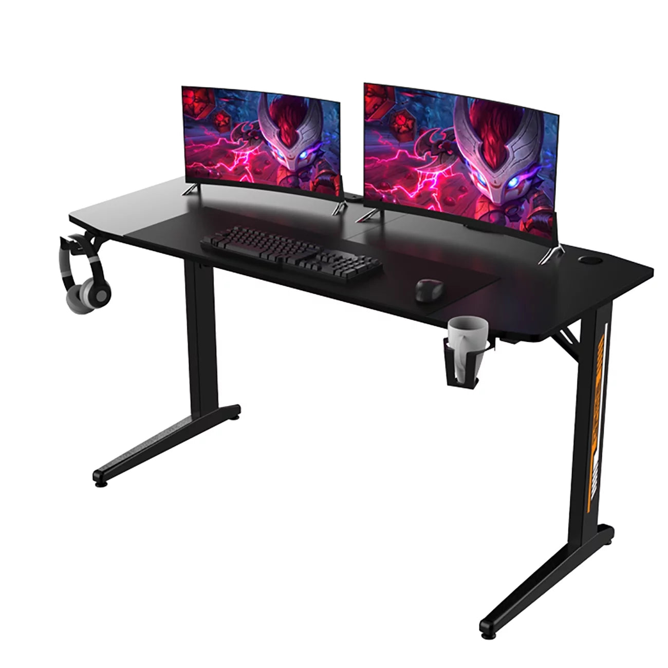 Black Ergonomic Gaming Desk with Headphone Holder, Cup Holder, Mouse Pad A155