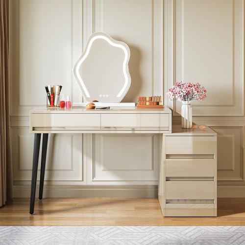 Beige Glossy Desk with 5 Drawers X634