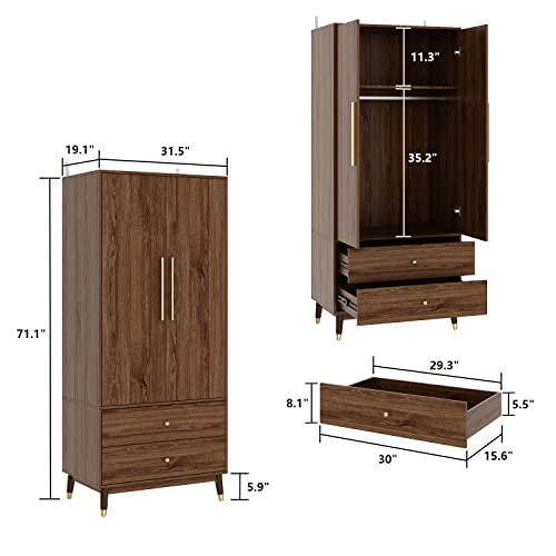 Brown Wooden Wardrobe Armoire with 2 Doors, 2 Drawers, Hanging Rod V70593