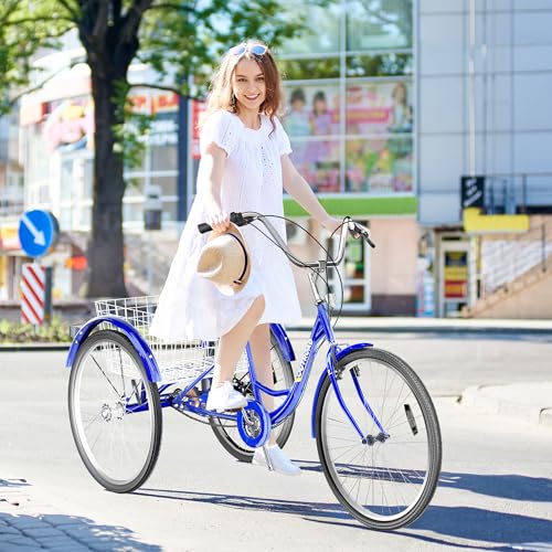24 Inch Blue 7-Speed Adult Tricycle with Large Basket L899893