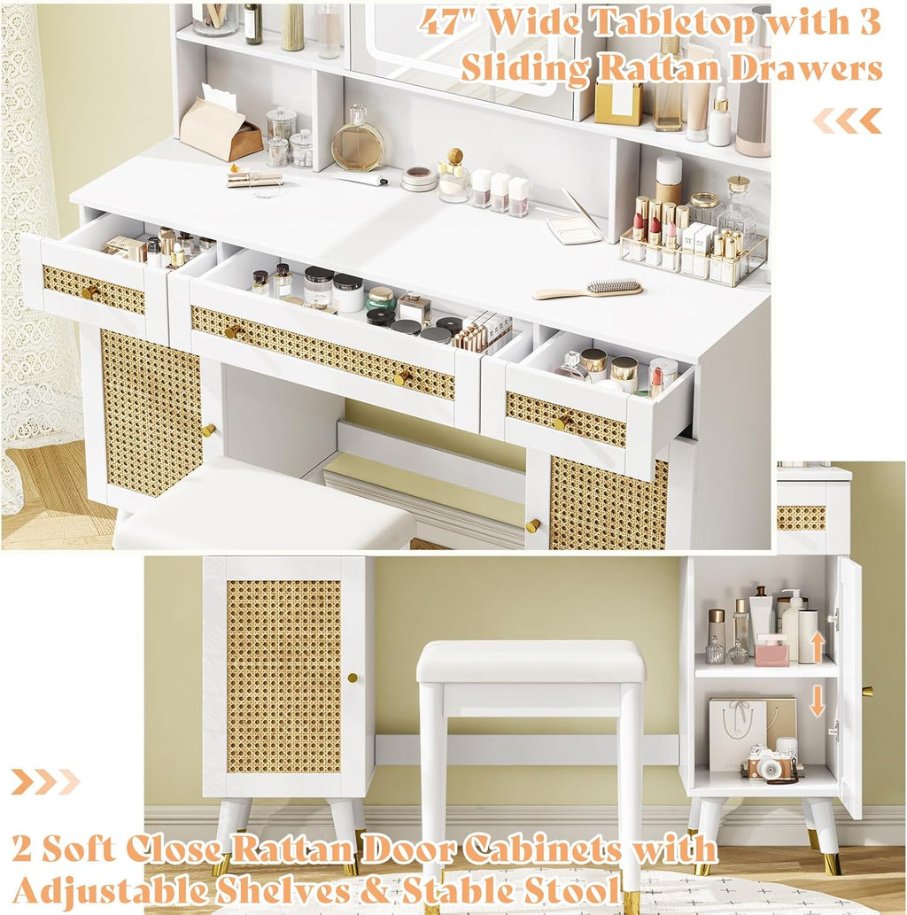 White Rattan Makeup Vanity Desk with Mirror and Lights and Stool L649650