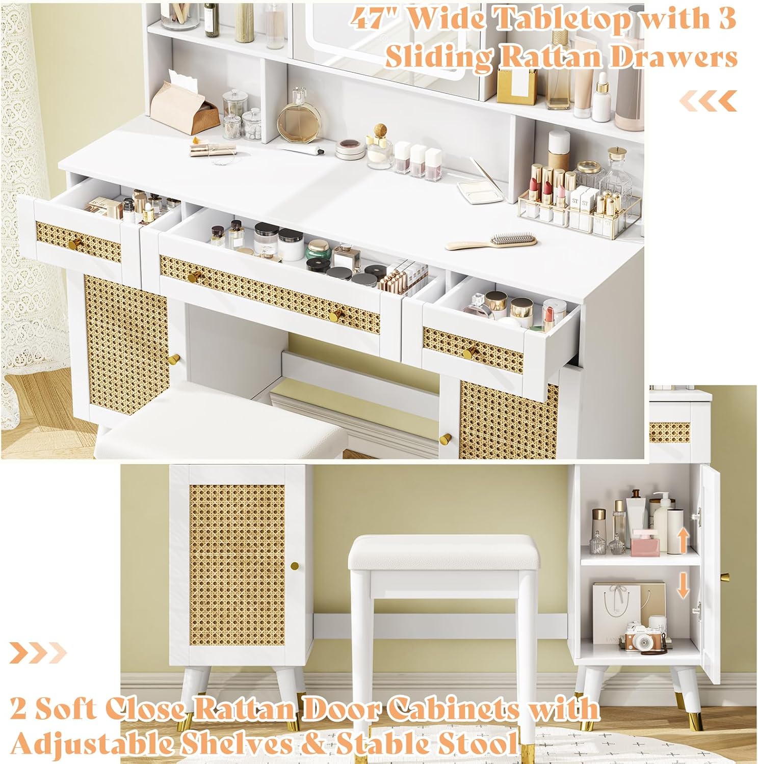 White Rattan Makeup Vanity Desk with Mirror and Lights and Stool L649650