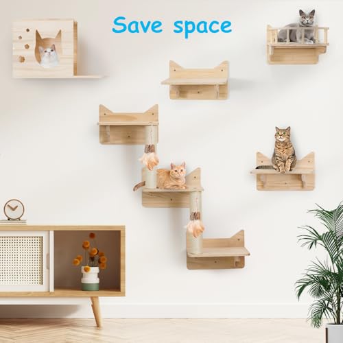 9-Piece Wall-Mounted Cat Shelves Set with 2 Sisal Scratching Posts A24540