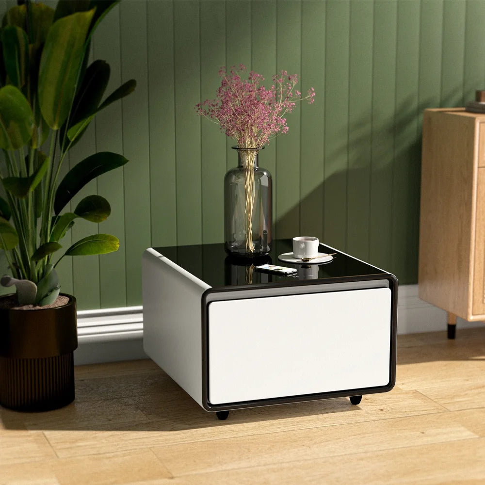 White Smart Side Table with Built in Fridge and Storage Drawer W205