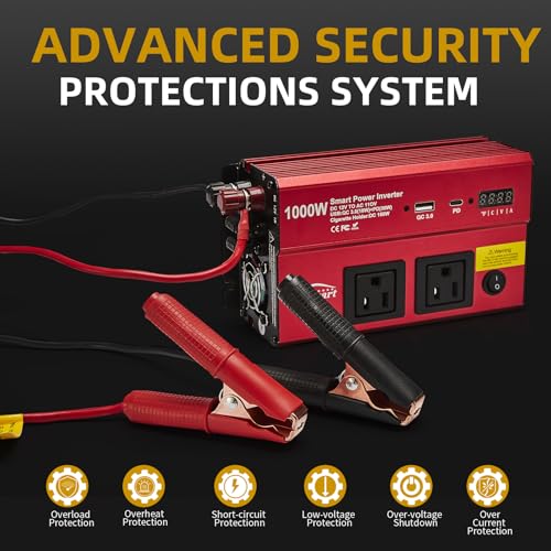 1000w 12v DC to 110v Power Inverter with Dual AC Outlets USB and Type-C F44029